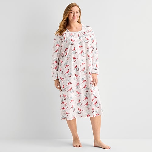 Adonna Womens Plus Fleece Long Sleeve Square Neck Nightgown In White