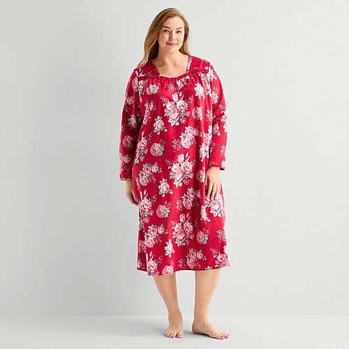 Adonna Womens Plus Fleece Long Sleeve Square Neck Nightgown In Red
