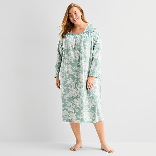 Adonna Womens Plus Fleece Long Sleeve Square Neck Nightgown In Green