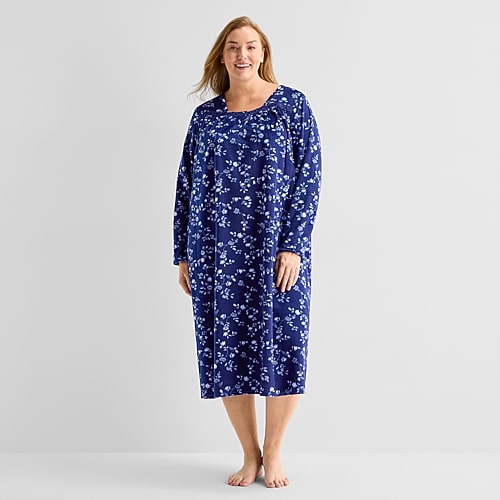 Adonna Womens Plus Fleece Long Sleeve Square Neck Nightgown In Blue