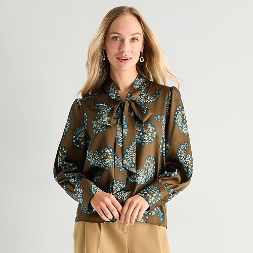 Liz Claiborne Womens Split Tie Neck Long Sleeve Blouse In Green