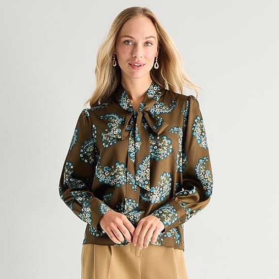 Liz Claiborne Womens Split Tie Neck Long Sleeve Blouse