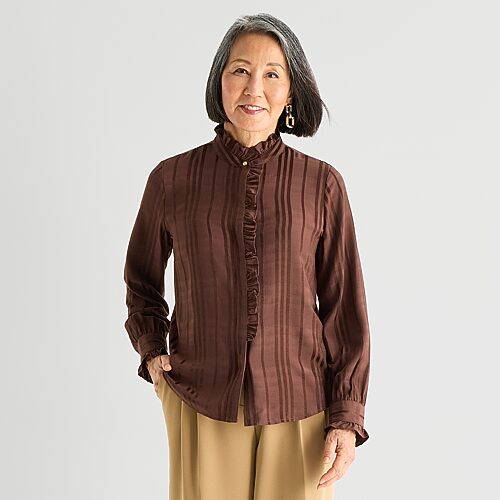 Liz Claiborne Womens High Neck Long Sleeve Ruffled Blouse In Brown