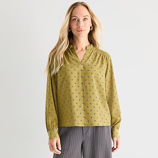 Liz Claiborne Womens Split Crew Neck Long Sleeve Blouse