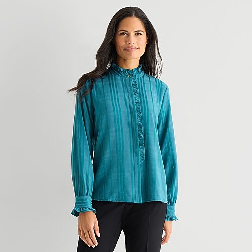 Liz Claiborne Womens Tall High Neck Long Sleeve Blouse In Blue