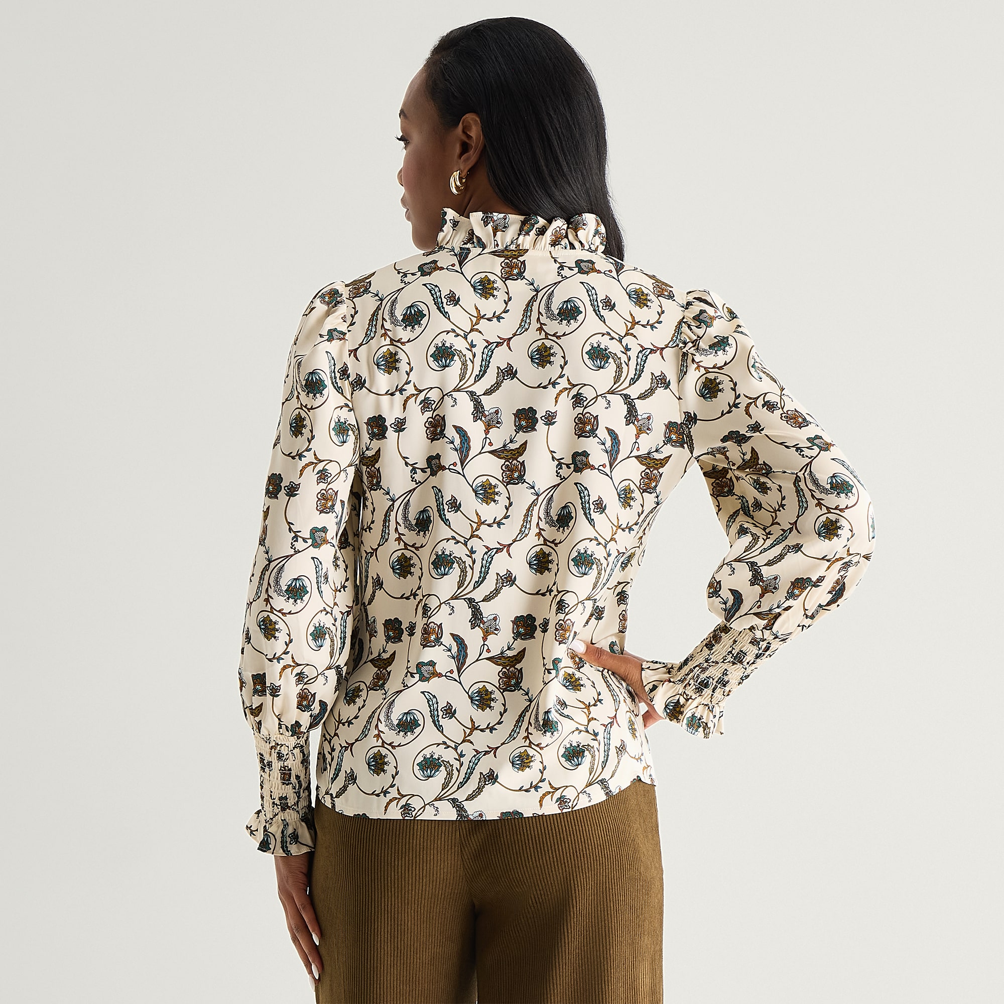 Liz Claiborne Womens V Neck Long Sleeve Satin Ruffled Blouse