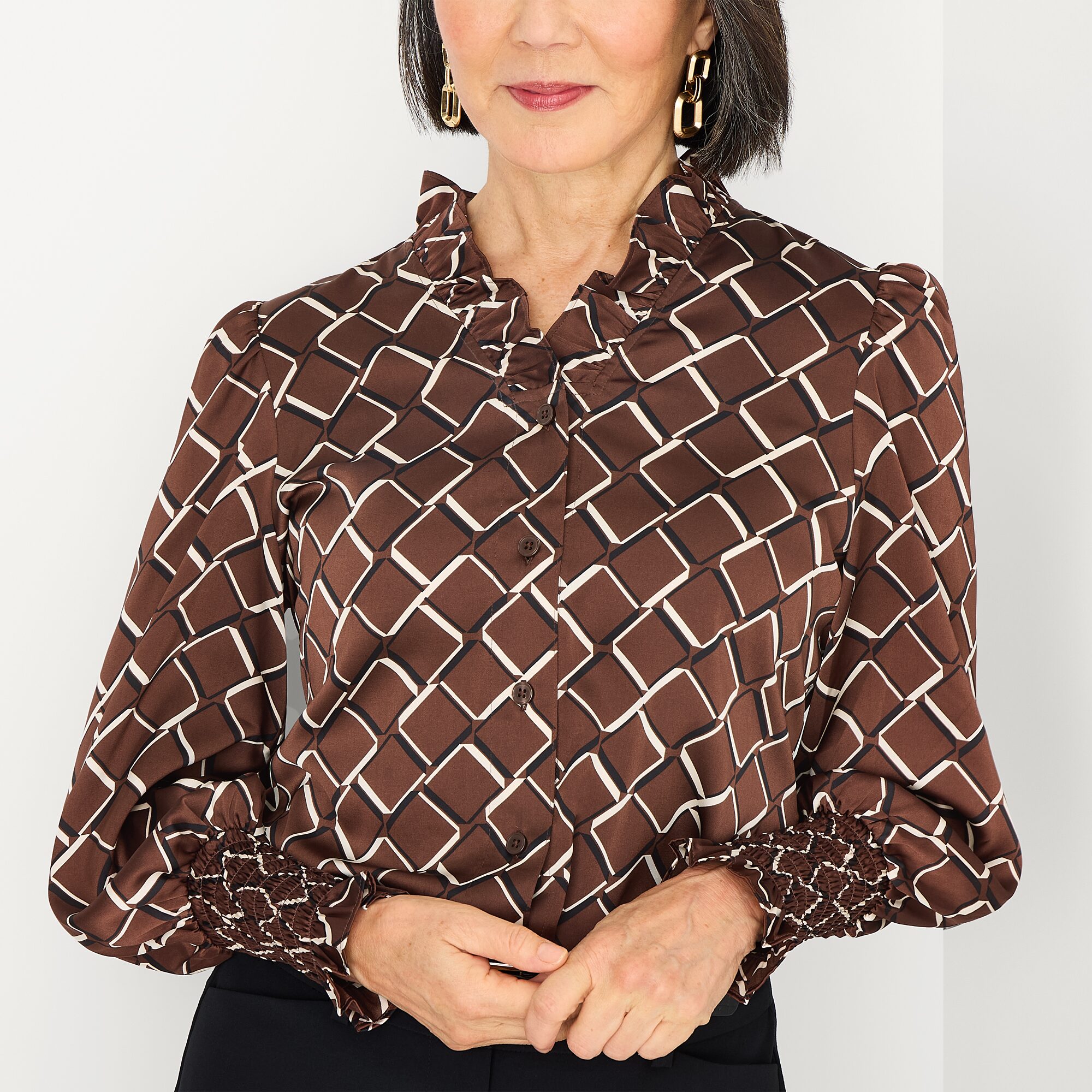Liz Claiborne Womens V Neck Long Sleeve Satin Ruffled Blouse