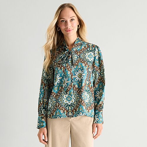 Liz Claiborne Womens Split Tie Neck Long Sleeve Blouse In Brown