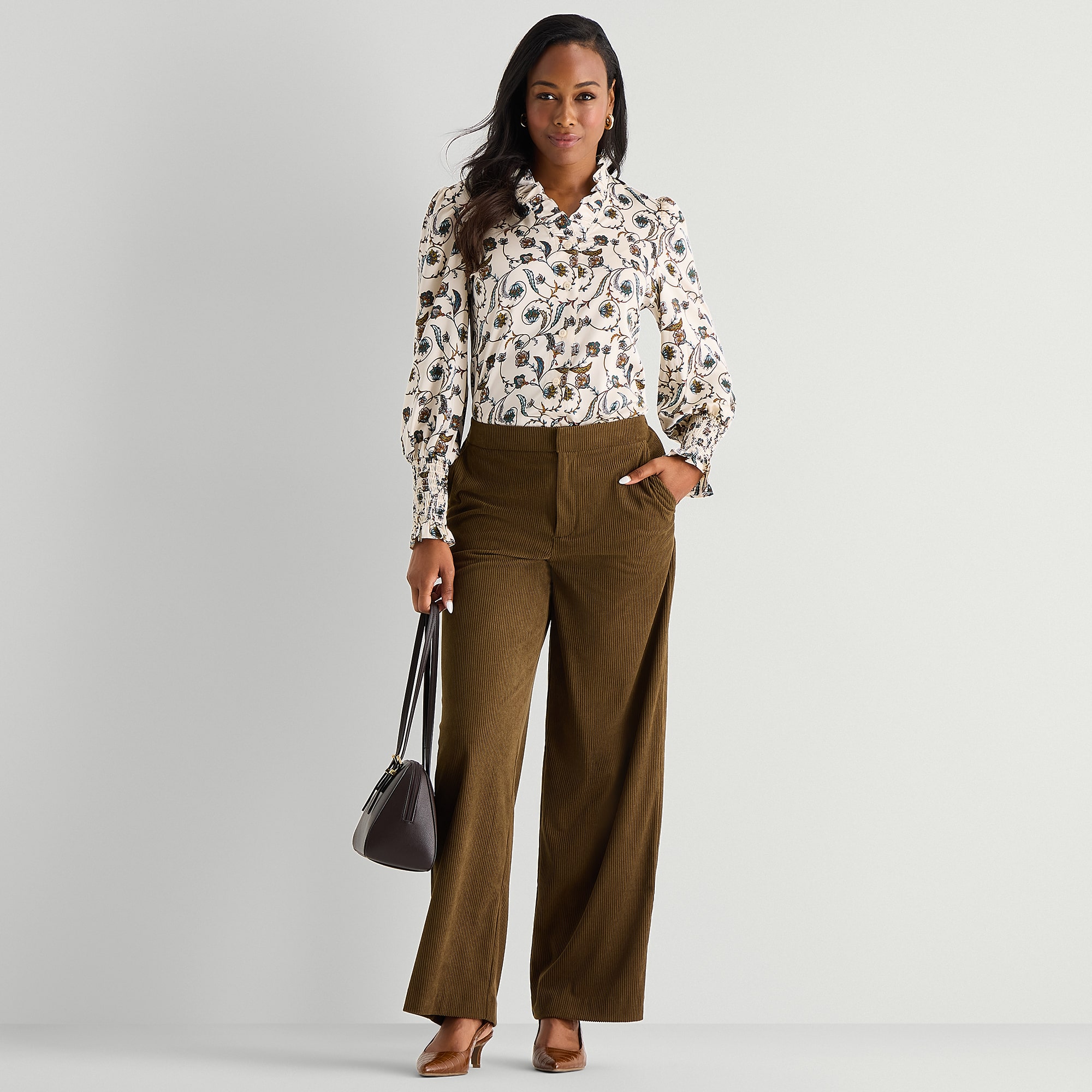 Liz Claiborne Womens V Neck Long Sleeve Satin Ruffled Blouse