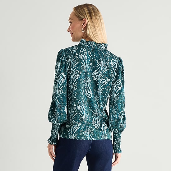 Liz Claiborne Womens V Neck Long Sleeve Satin Ruffled Blouse