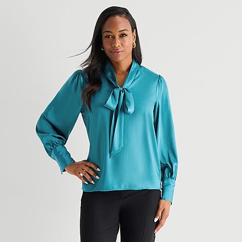 Liz Claiborne Womens Split Tie Neck Long Sleeve Blouse In Blue