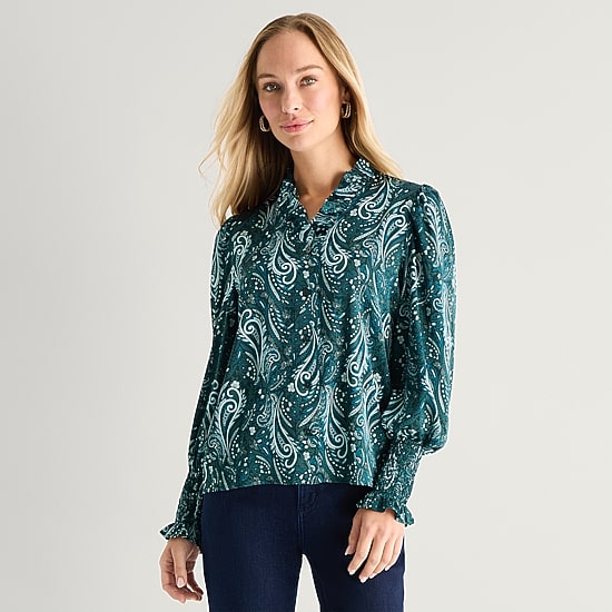 Liz Claiborne Womens V Neck Long Sleeve Satin Ruffled Blouse
