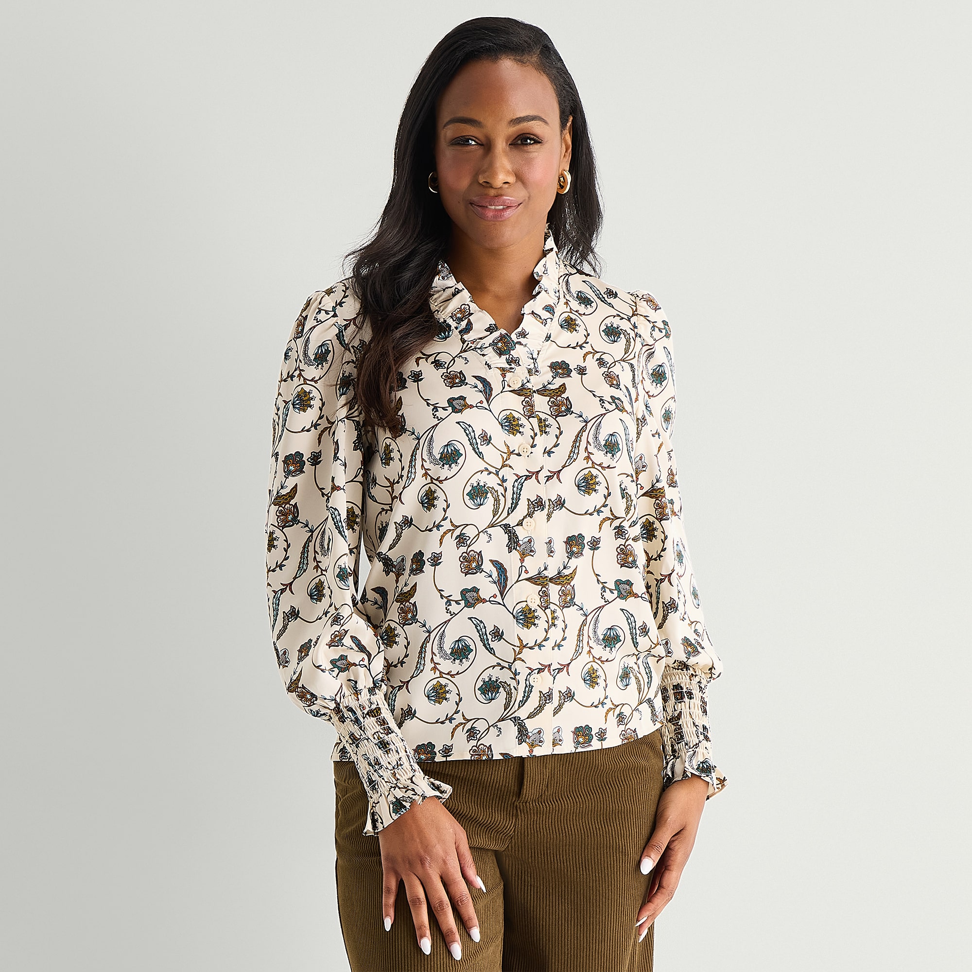 Liz Claiborne Womens V Neck Long Sleeve Satin Ruffled Blouse