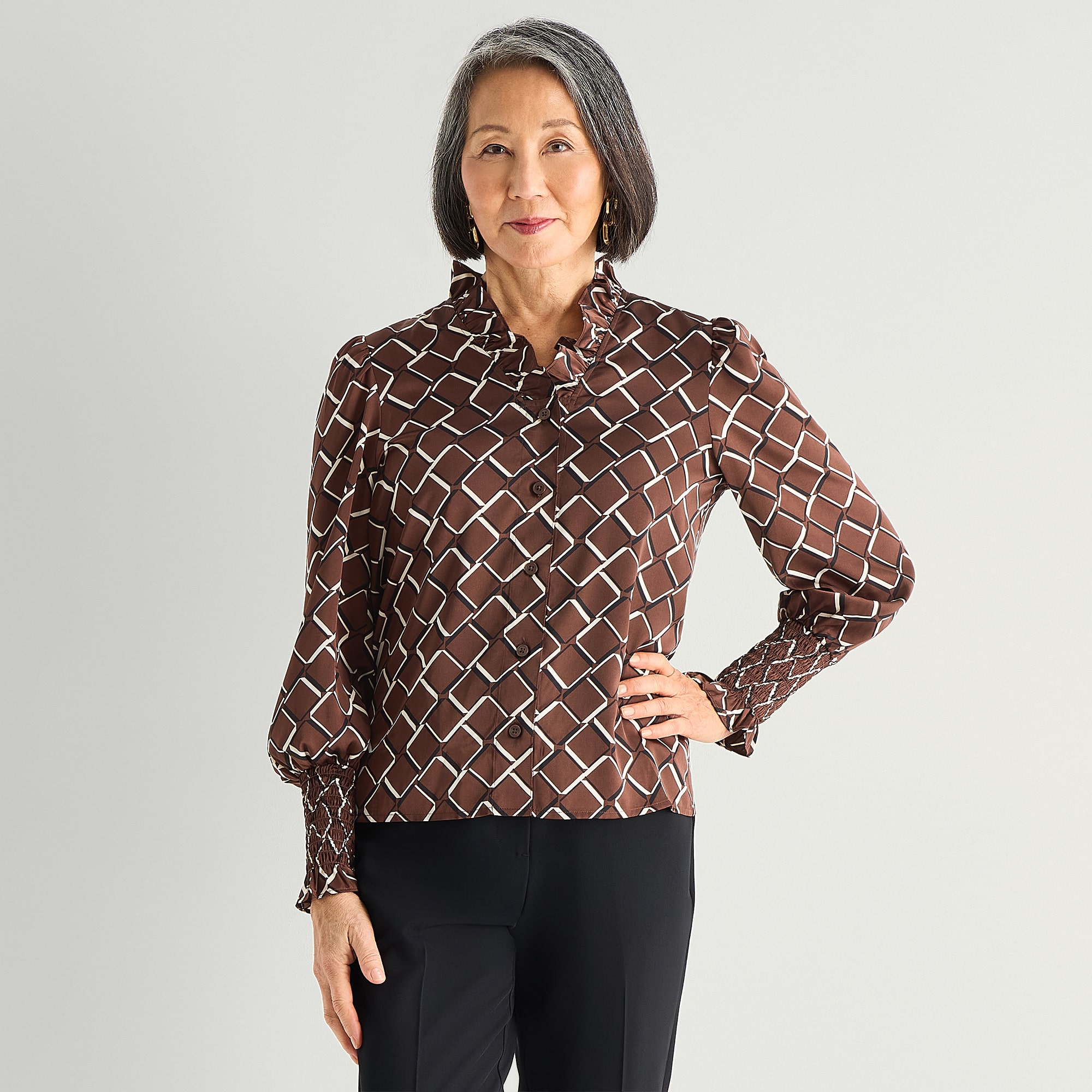Liz Claiborne Womens V Neck Long Sleeve Satin Ruffled Blouse