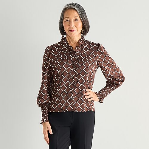 Liz Claiborne Womens V Neck Long Sleeve Ruffled Blouse In Brown