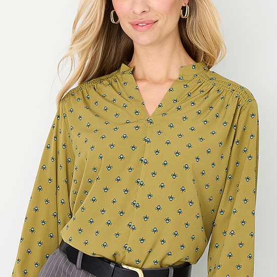 Liz Claiborne Womens Split Crew Neck Long Sleeve Blouse