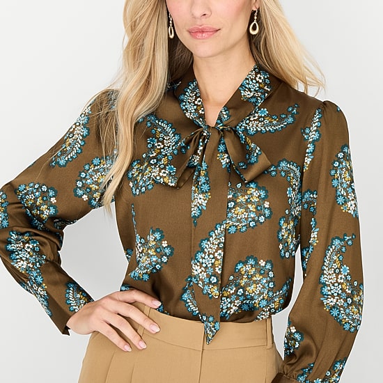 Liz Claiborne Womens Split Tie Neck Long Sleeve Blouse