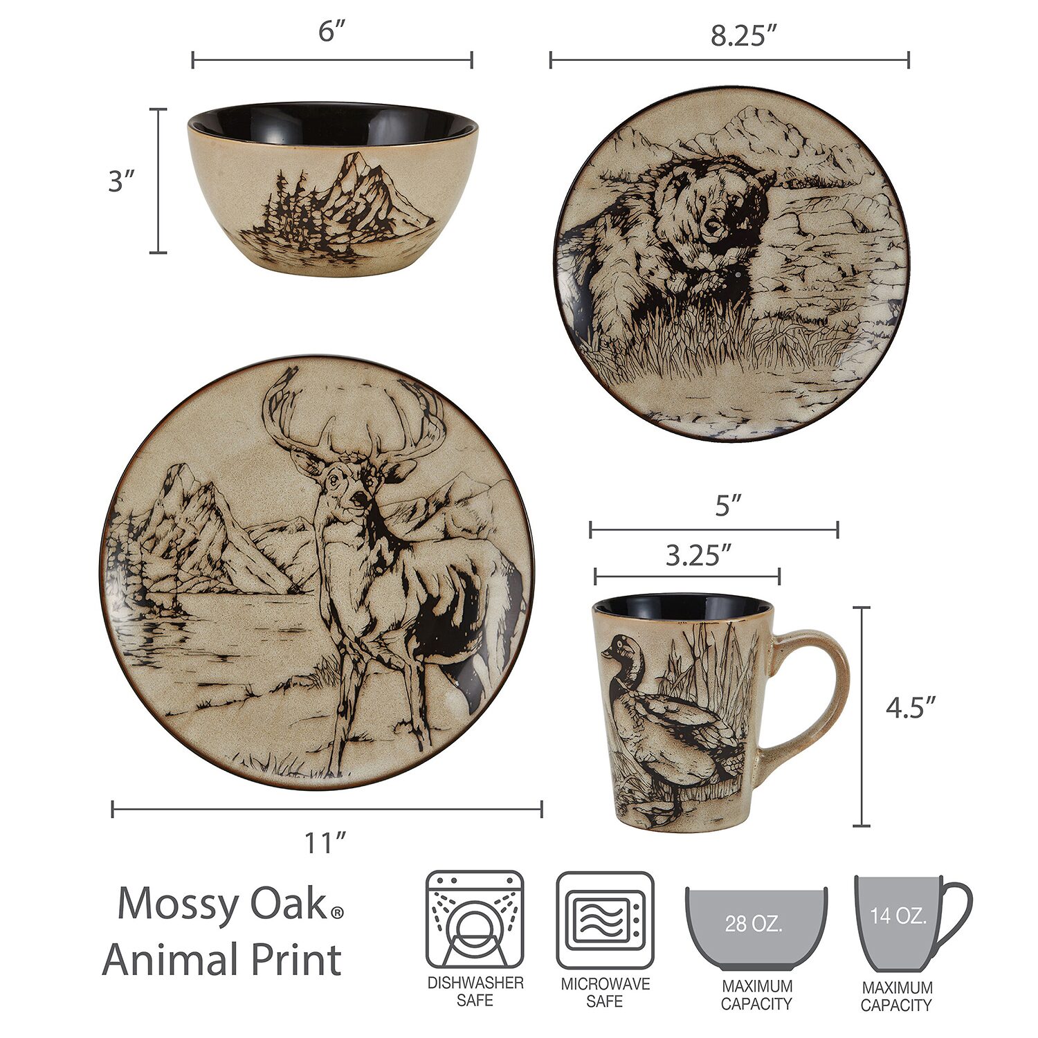 Lifetime Brand Reactive Animal, Brown 16-pc. Stoneware Dinnerware Set