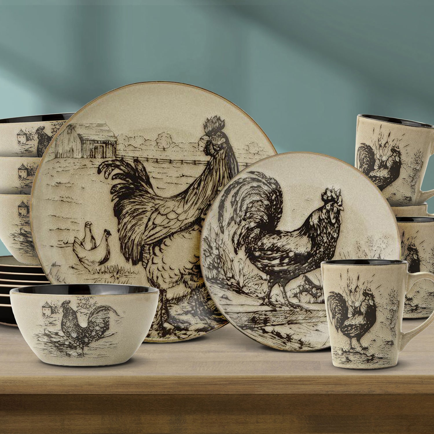Pfaltzgraff Homespun Rooster, Brown 16-pc. Stoneware Dinnerware Set