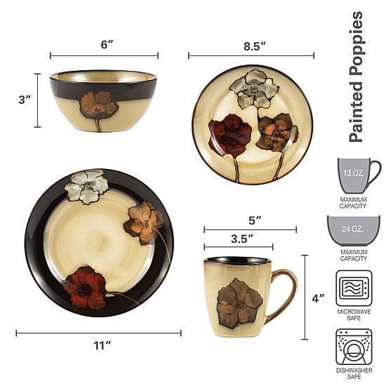 Pfaltzgraff Painted Poppies, Beige 16-pc. Stoneware Dinnerware Set
