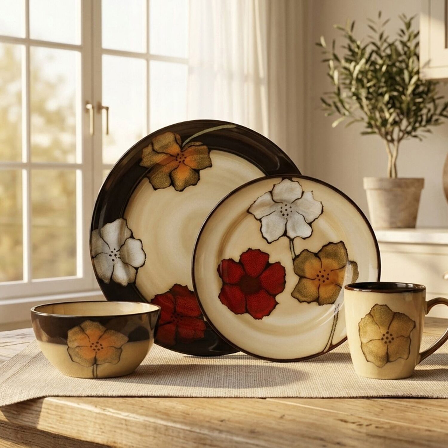 Pfaltzgraff Painted Poppies, Beige 16-pc. Stoneware Dinnerware Set