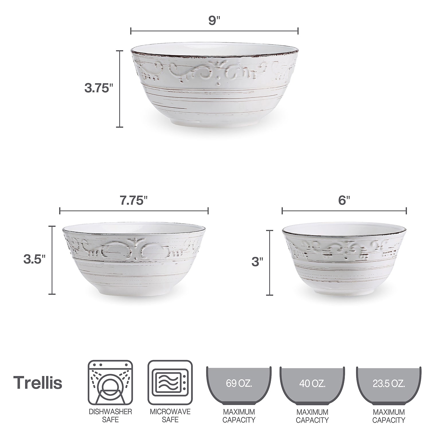 Pfaltzgraff Trellis, White 3-pc. Stoneware Serving Bowl