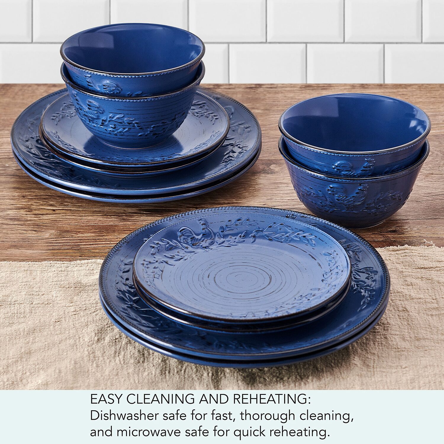 Pfaltzgraff Trellis Rooster, Blue 12-pc. Stoneware Dinnerware Set