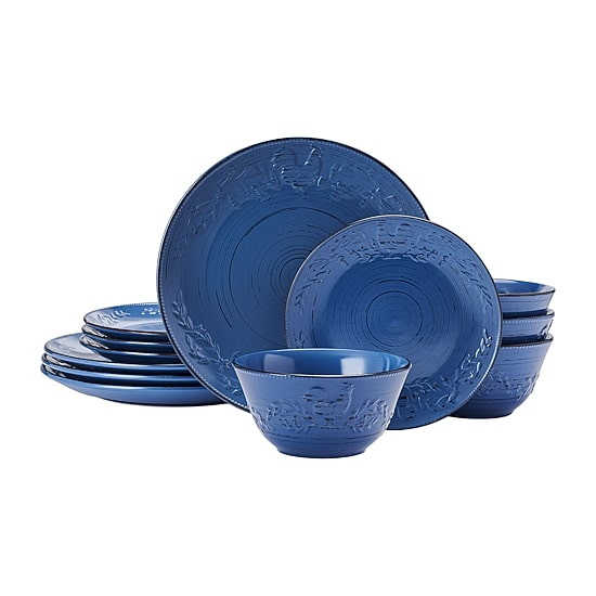 Pfaltzgraff Trellis Rooster, Blue 12-pc. Stoneware Dinnerware Set