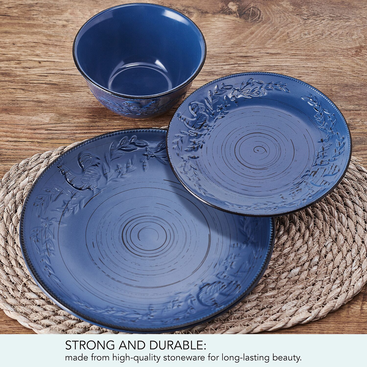 Pfaltzgraff Trellis Rooster, Blue 12-pc. Stoneware Dinnerware Set