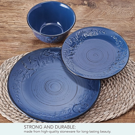 Pfaltzgraff Trellis Rooster, Blue 12-pc. Stoneware Dinnerware Set