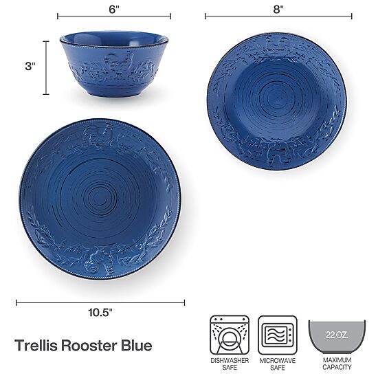 Pfaltzgraff Trellis Rooster, Blue 12-pc. Stoneware Dinnerware Set