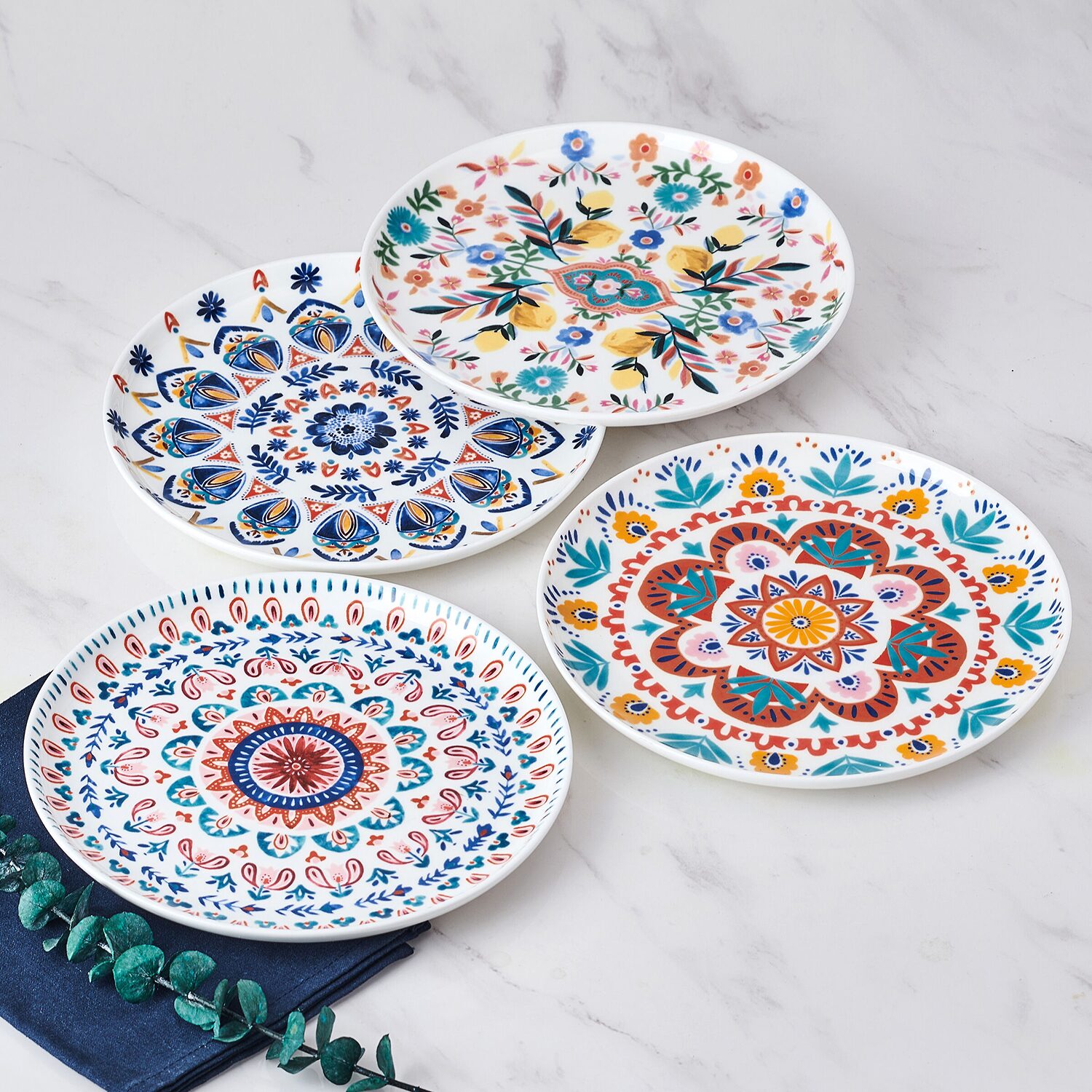 Lifetime Brand Painted Medallion, White 4-pc. Bone China Salad Plate