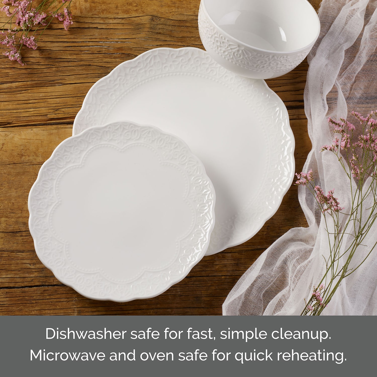 Lifetime Brand Abigail, White 12-pc. Bone China Dinnerware Set