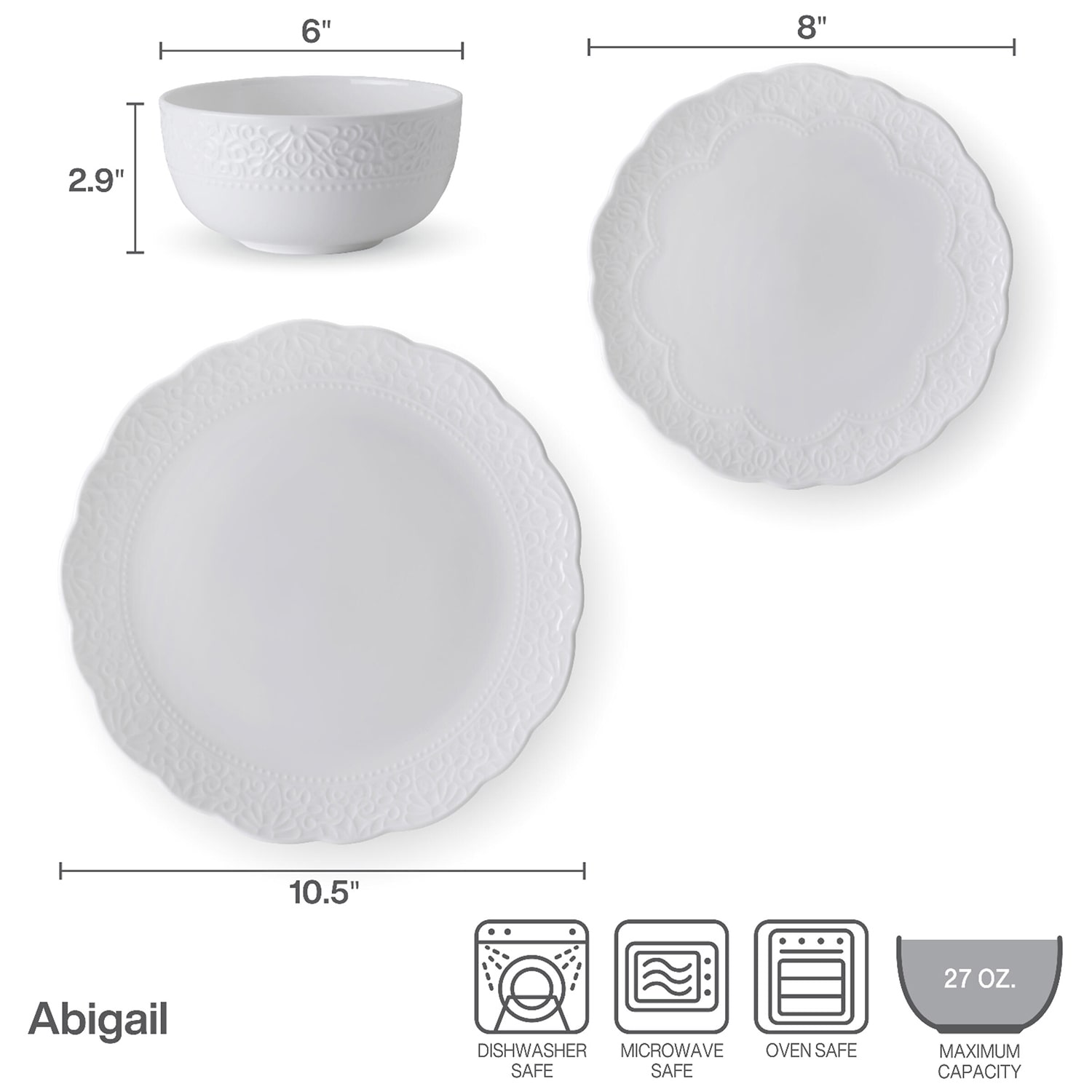 Lifetime Brand Abigail, White 12-pc. Bone China Dinnerware Set