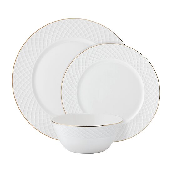 Lifetime Brand Trellis Gold, White 12-pc. Bone China Dinnerware Set
