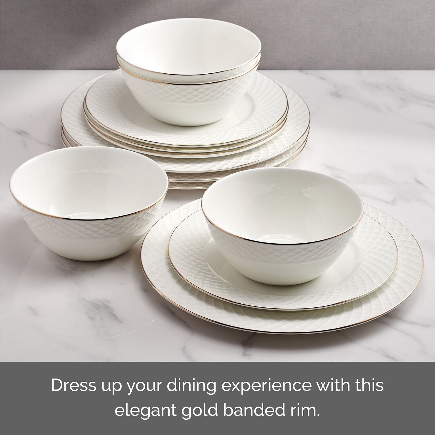Lifetime Brand Trellis Gold, White 12-pc. Bone China Dinnerware Set