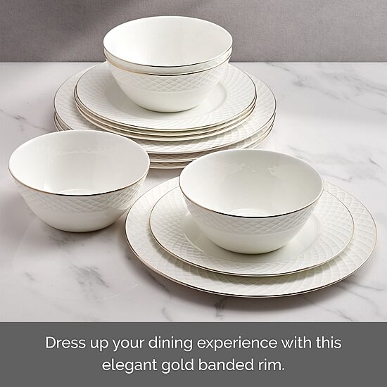 Lifetime Brand Trellis Gold, White 12-pc. Bone China Dinnerware Set