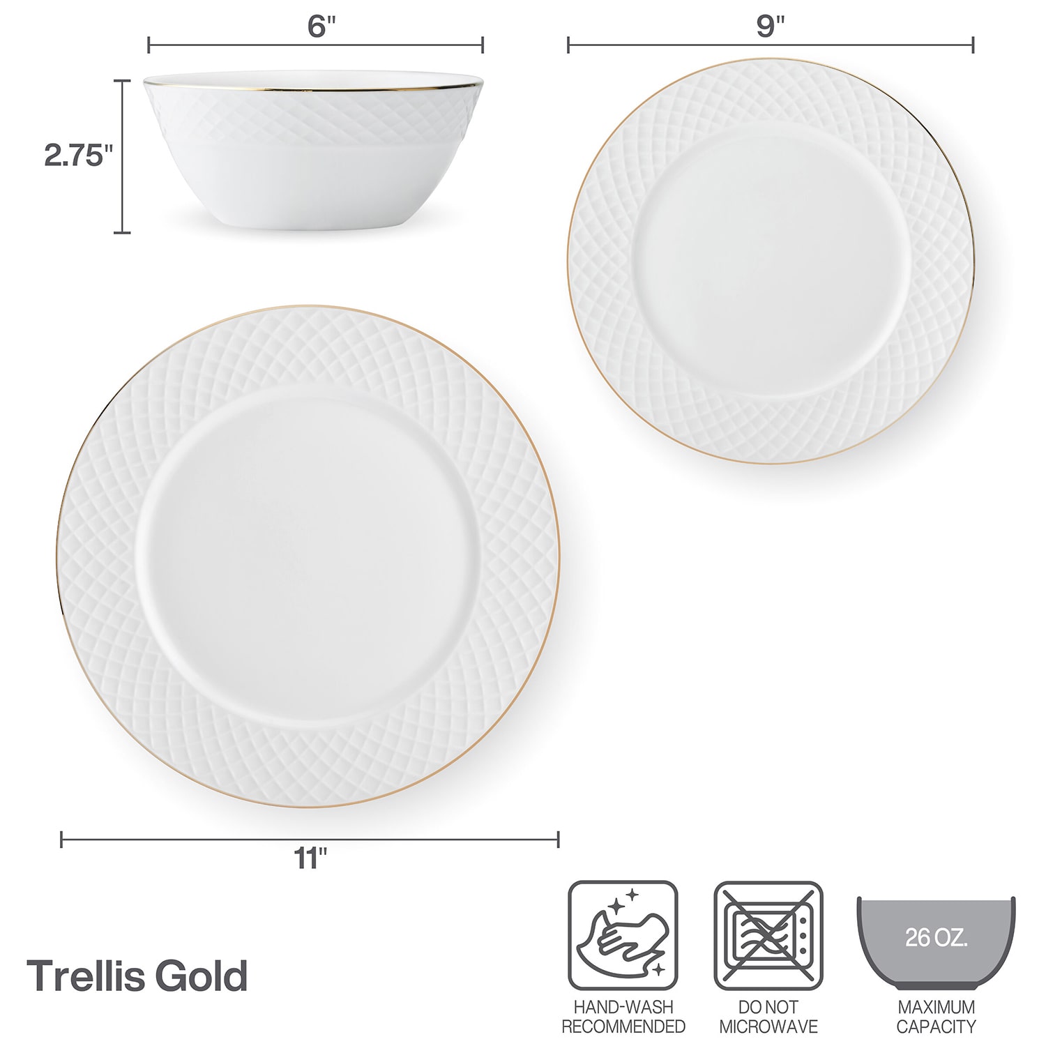 Lifetime Brand Trellis Gold, White 12-pc. Bone China Dinnerware Set
