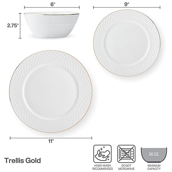 Lifetime Brand Trellis Gold, White 12-pc. Bone China Dinnerware Set