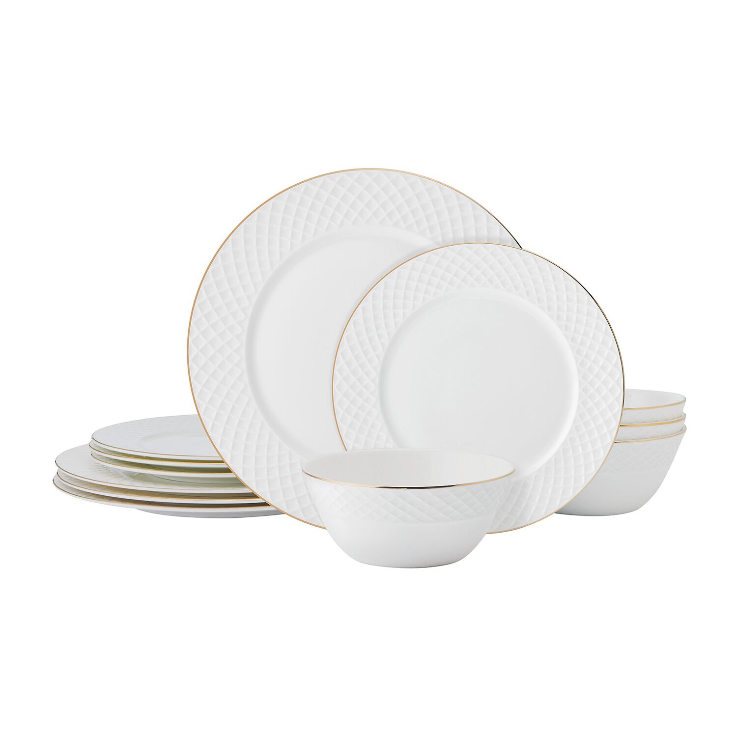 Lifetime Brand Trellis Gold, White 12-pc. Bone China Dinnerware Set