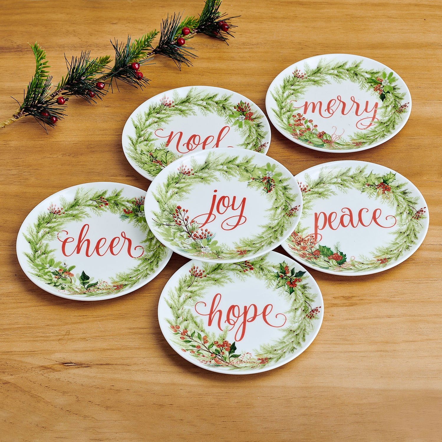 Lifetime Brand Festive Garland, White/Multi 6-pc. Bone China Appetizer Plate