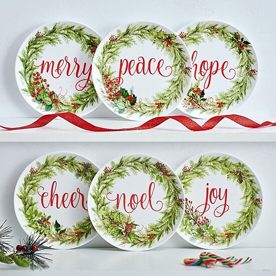 Lifetime Brand Festive Garland, White/Multi 6-pc. Bone China Appetizer Plate