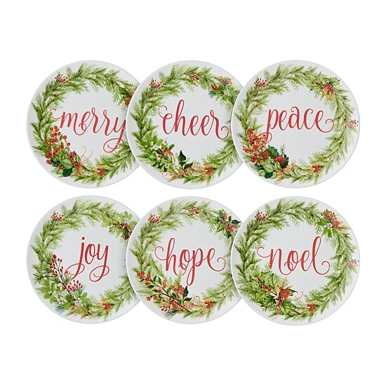 Lifetime Brand Festive Garland, White/Multi 6-pc. Bone China Appetizer Plate