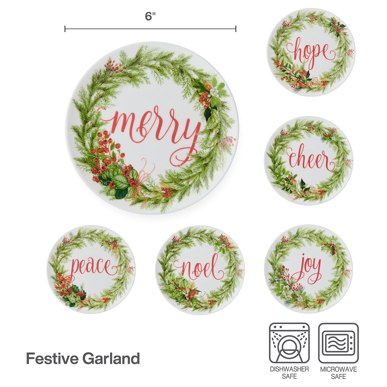 Lifetime Brand Festive Garland, White/Multi 6-pc. Bone China Appetizer Plate