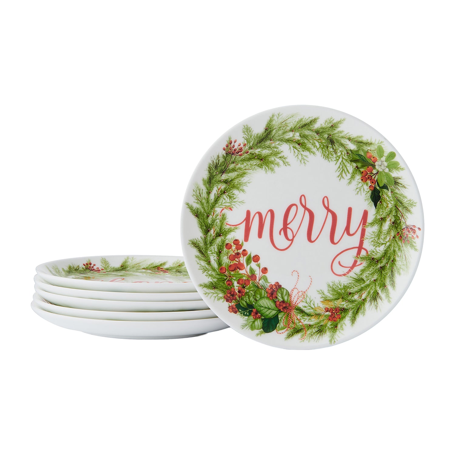 Lifetime Brand Festive Garland, White/Multi 6-pc. Bone China Appetizer Plate