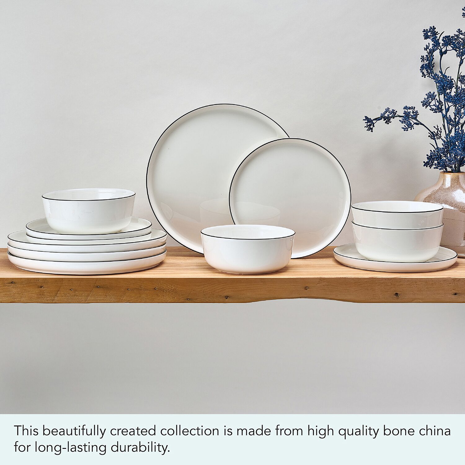 Lifetime Brand Samantha Black Banded, White 12-pc. Bone China Dinnerware Set
