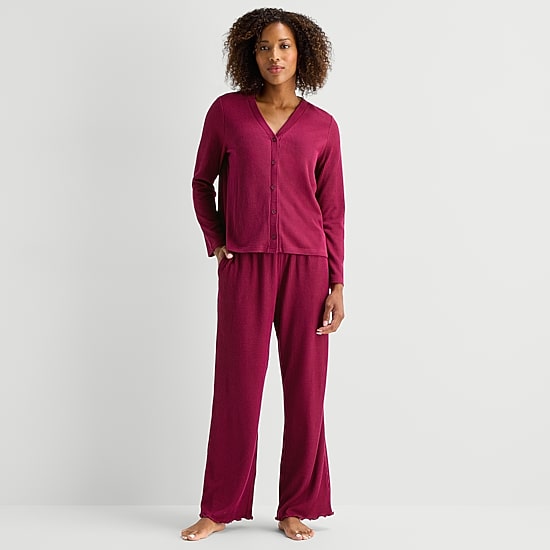 Martha Stewart Womens V-Neck Long Sleeve 2-pc. Pajama Set