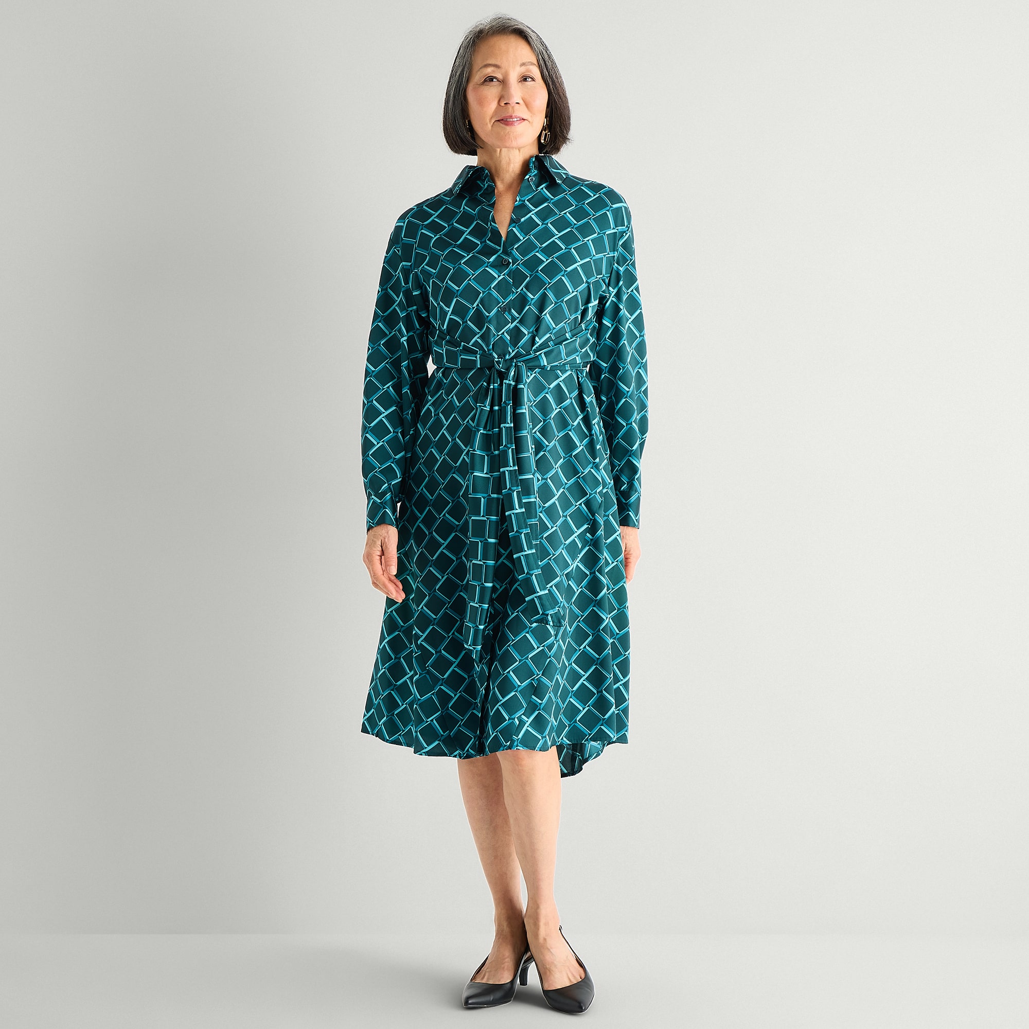 Liz Claiborne Womens Long Sleeve Midi Plaid Shirt Dress