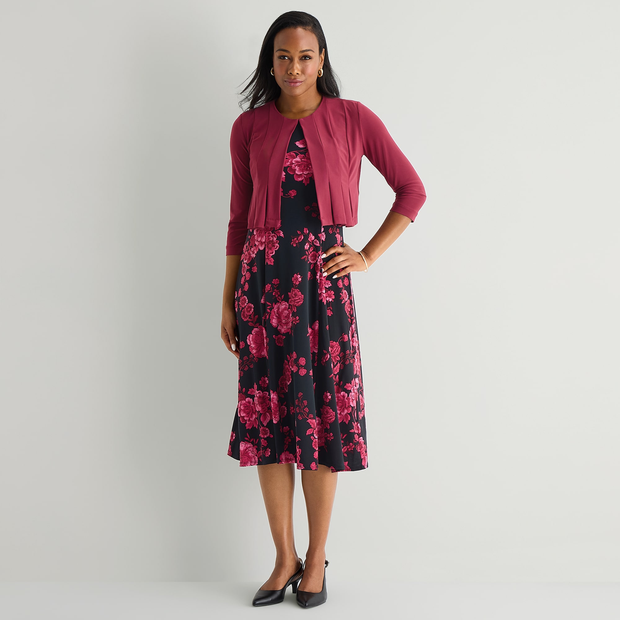 Danny & Nicole Womens Midi Floral Jacket Dress