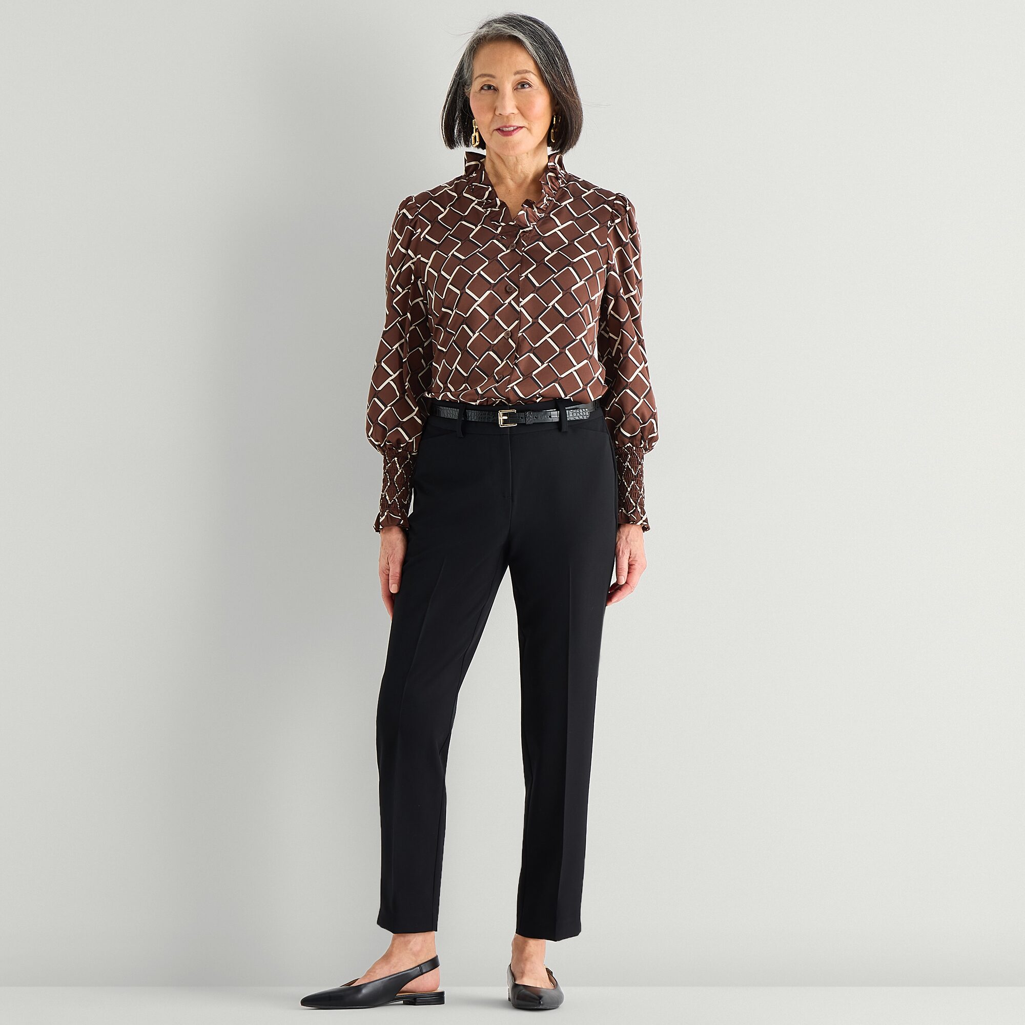 Liz Claiborne Womens V Neck Long Sleeve Satin Ruffled Blouse